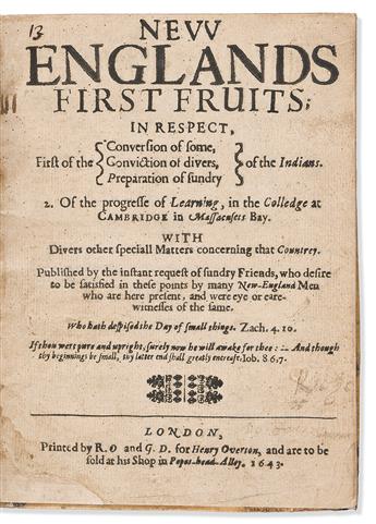 (MASSACHUSETTS.) New Englands First Fruits . . . First of the Conversion of Some of the Indians,